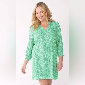 Draper James RSVP 3/4 Sleeve V Neck Mini Shift Dress w Waist Tie in Spring Green